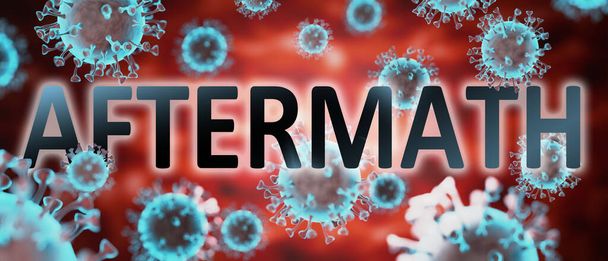 covid and aftermath, pictured by word aftermath and viruses to symbolize that aftermath is related to corona pandemic and that epidemic affects aftermath a lot, 3d illustration - Photo, Image