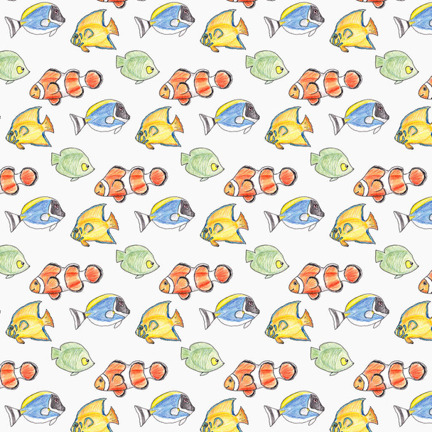 Hand drawn seamless pattern with colorful fishes on a white background. Seamless pattern for printing. - Фото, зображення