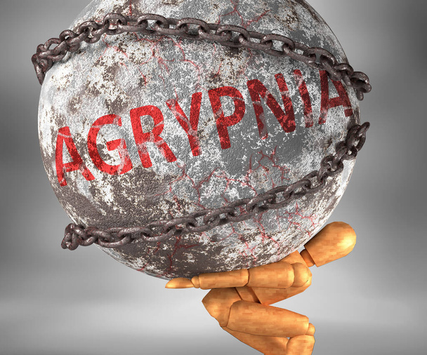 Agrypnia e disagio nella vita - raffigurato dalla parola Agrypnia come un peso pesante sulle spalle per simboleggiare Agrypnia come un peso, illustrazione 3d - Foto, immagini