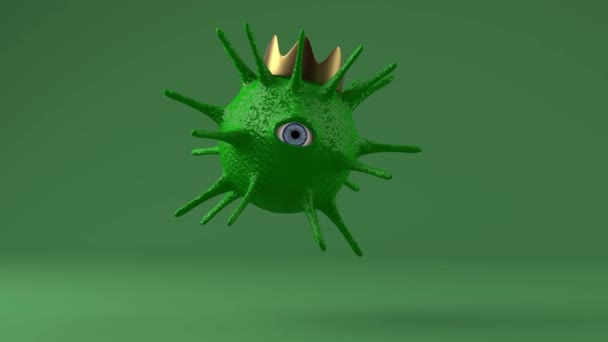 3D animation ενός πράσινου μονόφθαλμου τέρατος, ενός ιού με ένα χρυσό στέμμα. Η ιδέα ενός coronavirus, covid-19, πανδημία και δεύτερο κύμα. - Πλάνα, βίντεο
