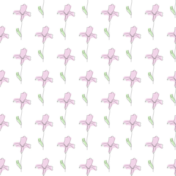 Elegant seamless pattern with iris flowers, design elements. Floral  pattern for invitations, cards, print, gift wrap, manufacturing, textile, fabric, wallpapers. Continuous line art style - Wektor, obraz