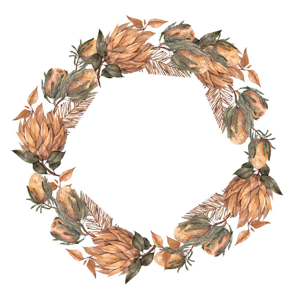 Watercolor wreath with dried flowers, leaves, pampas grass, protea, banksia, palm leaf, orchid and rose, isolated on white background - Fotó, kép