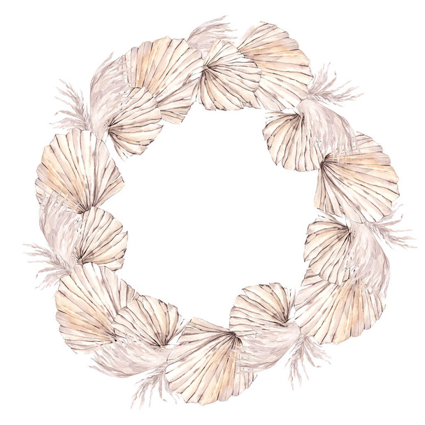 Watercolor wreath with dried flowers, leaves, pampas grass, protea, banksia, palm leaf, orchid and rose, isolated on white background - Fotoğraf, Görsel