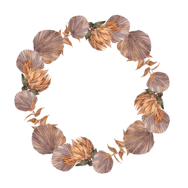 Watercolor wreath with dried flowers, leaves, pampas grass, protea, banksia, palm leaf, orchid and rose, isolated on white background - Fotografie, Obrázek