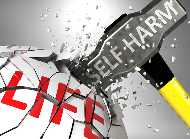 Self harm and destruction of health and life - symbolized by word Self harm and a hammer to show negative aspect of Self harm, 3d illustration - Photo, Image
