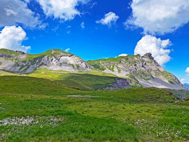 Alpentoppen Chli Haupt Murmelchopf en Haupt of Brnighaupt (Bruenighaupt oder Brunighaupt) in het Uri Alpen bergmassief, Melchtal - kanton Obwald, Zwitserland (Kanton Obwalden, Schweiz) - Foto, afbeelding