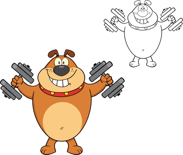Sorrindo Brown Bulldog Cartoon Mascote Personagem Treinamento com halteres
 - Foto, Imagem