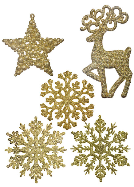 set of five gold christmas decorations isolated on white background - Photo, Image