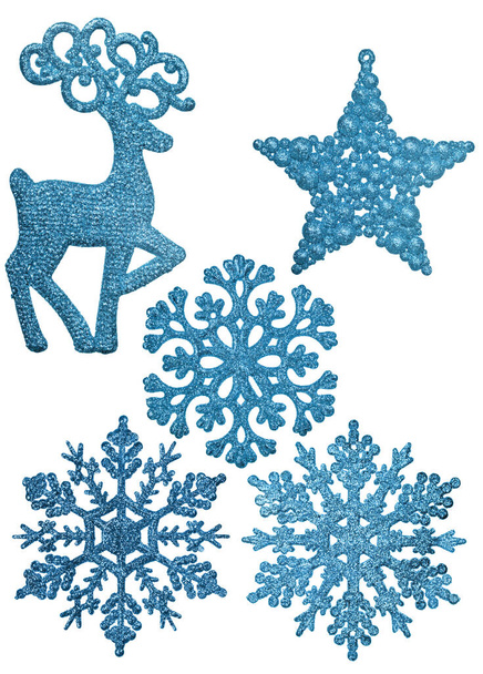 conjunto de cinco decoraciones de Navidad cyan aisladas sobre fondo blanco - Foto, Imagen