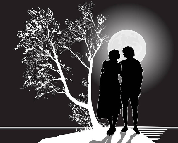 illustration with man and woman at night unser moon - Vector, Image