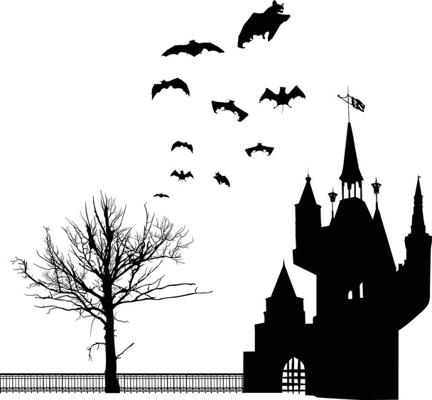 ilustración con siluetas de castillo y murciélago aisladas sobre fondo blanco - Vector, Imagen
