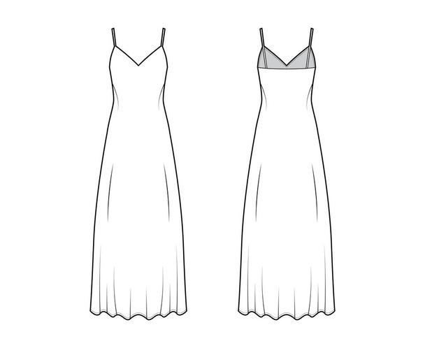 Popruh sluneční šaty technické módní ilustrace s hlubokým V-neck, maxi ancle délka, volný tvar, polokruhová plnost - Vektor, obrázek