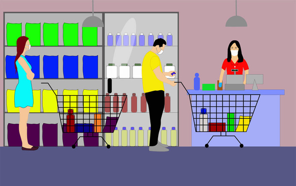 Illustrazione vettoriale, fare acquisti al supermercato, un uomo e una donna che fanno acquisti, essere assistiti dal cassiere, rispettare il limite della distanza sociale, con tutte le misure di biosicurezza - Vettoriali, immagini