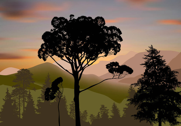 απεικόνιση με δάσος στα βουνά κατά το ηλιοβασίλεμα - Διάνυσμα, εικόνα