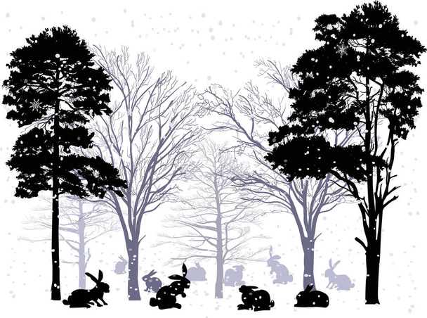 illustration with rabbits in forest under snowfall - Vector, Image