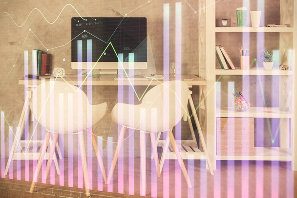 Multi exposure of stock market chart drawing and office interior background. Concept of financial analysis. - Zdjęcie, obraz