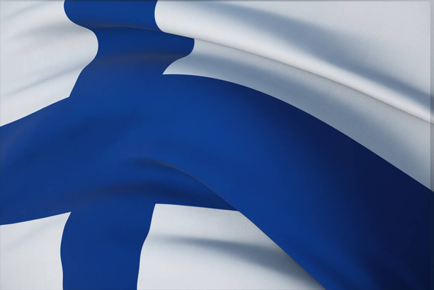 Maailman lippujen heiluttaminen - Suomen lippu. Lähikuva näkymä, 3D-kuvitus. - Valokuva, kuva