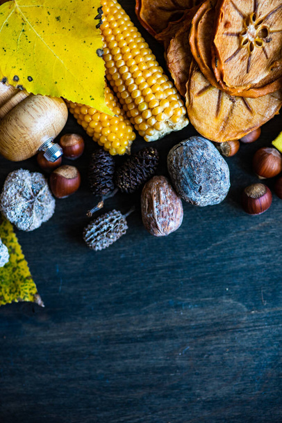 Thanksgiving day or autumnal harvest concept with frame with nuts, berries, vegetable and fruits on dark wooden background with copy space - Fotó, kép