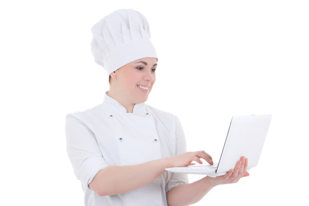 cuoco donna tenendo il notebook isolato su bianco - Foto, immagini