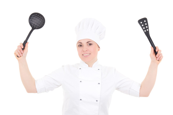 молода приваблива кухарка в уніформі з пластиковим посудом ізо
 - Фото, зображення
