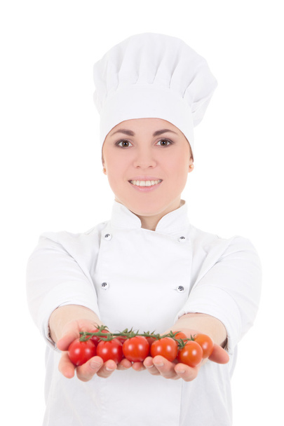 attractive cook woman in uniform with tomatoes isolated on white - Φωτογραφία, εικόνα