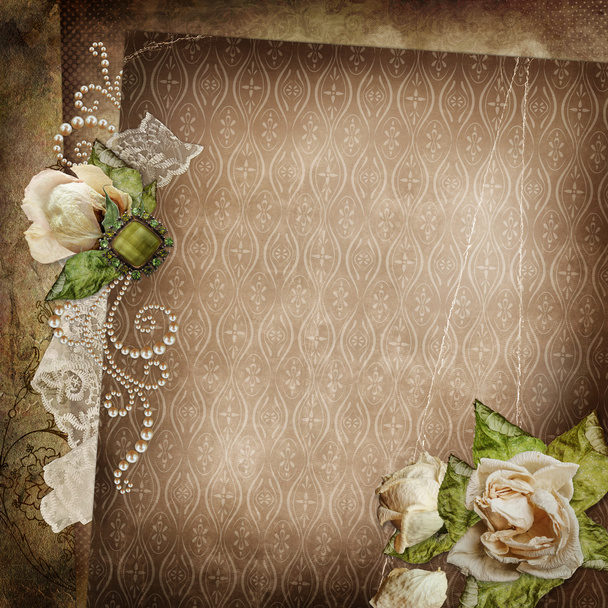 Vintage shabby background with faded roses, brooch and lace - Valokuva, kuva