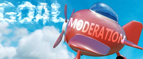 La modération aide à atteindre un objectif - représenté par le mot Modération dans les nuages, pour symboliser que la modération peut aider à atteindre l'objectif dans la vie et les affaires, illustration 3D - Photo, image