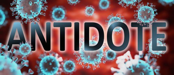 ковадла і антидот, зображені словом антидот і віруси, щоб символізувати, що антидот пов'язаний з пандемією корони, і що епідемія сильно впливає на антидот, 3d ілюстрація
 - Фото, зображення