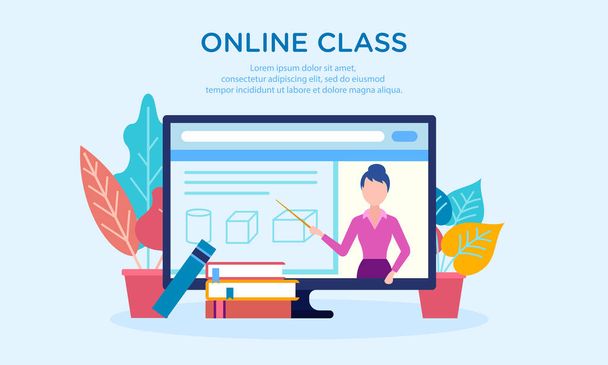 Vector illustration of online class technology. Suitable for backgrounds and design elements of distance learning activities with laptop and internet media. Flat illustration of online learning. - Vector, Image