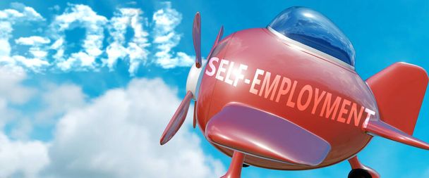 Selbstbeschäftigung hilft, ein Ziel zu erreichen - dargestellt als Wort Selbstbeschäftigung in Wolken, um zu symbolisieren, dass Selbstbeschäftigung helfen kann, das Ziel im Leben und im Geschäft zu erreichen, 3D-Illustration - Foto, Bild