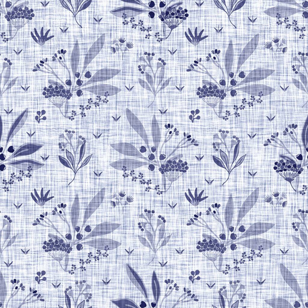 Bloc de fleurs bleu indigo imprimé teint lin texture fond. Tissé sans couture répétition japonaise motif batik swatch. Floral organique en détresse flou bloc impression sur tout le textile. - Photo, image