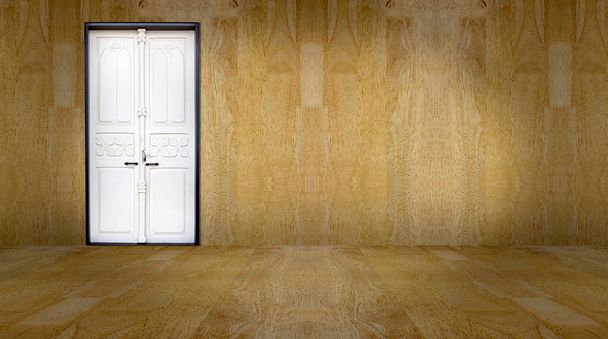prázdný pokoj s bílými dveřmi a dřevěnou stěnou - Fotografie, Obrázek
