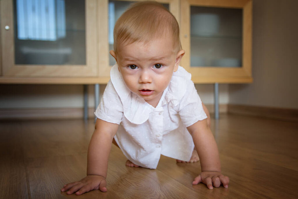 A cute little boy crawling around the house. Happy baby crawling on the floor towards the camera. - Фото, зображення
