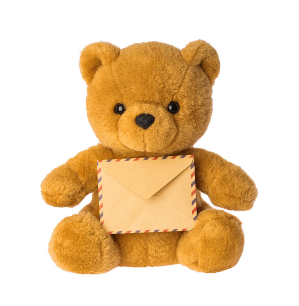 toy bear holding envelope mail concept isolated without shadow - Zdjęcie, obraz