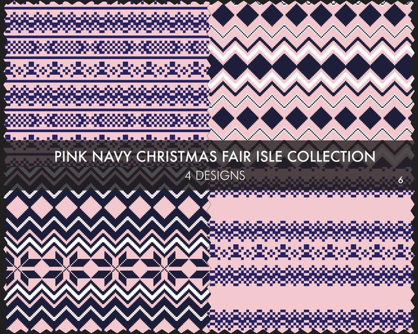 Pink Navy Christmas fair isle pattern collection includes 4 design swatches for fashion textiles, knitwear and graphics - Vector, Image