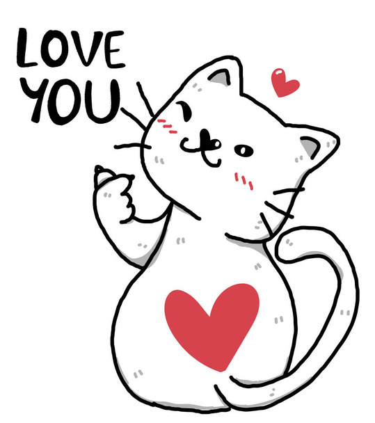 Χαριτωμένο ευτυχής doodle λευκό λίπος γάτα δώσει μίνι χέρι καρδιά και το κλείσιμο του ματιού με αγάπη σας λέξη ιδέα για το σχεδιασμό εξάχνωση εκτυπώσιμη ευχετήρια κάρτα - Διάνυσμα, εικόνα