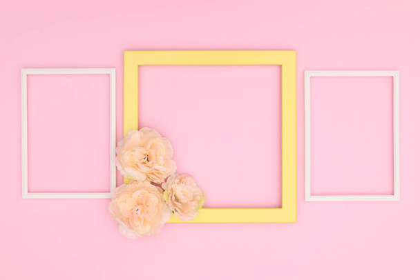 Decorative photo frame on pink background - Fotó, kép