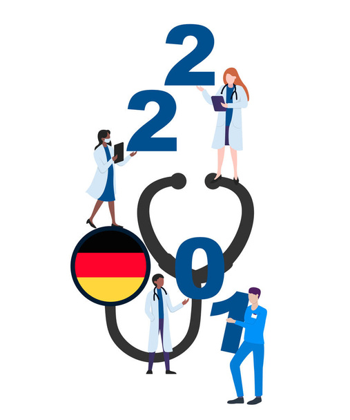 Bandera nacional de Alemania en un estetoscopio con médicos y año 2021 sobre un fondo blanco. Tarjeta postal sobre el tema de la lucha contra la epidemia. Trabajadores de la salud en el nuevo año. - Vector, imagen
