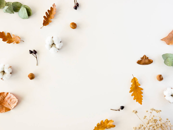 autumn is coming concept. Fall flat lay pattern arrangement with dried leaves and cotton leaves. Copy space frame - Foto, afbeelding