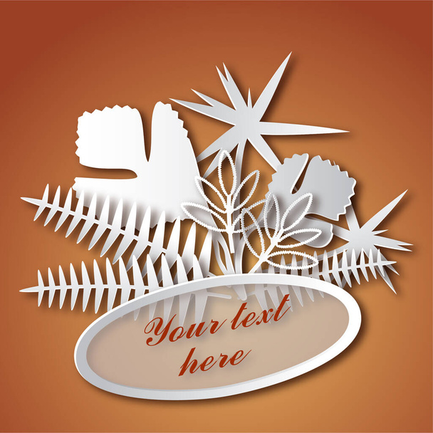 Bouquet of leaves in paper cut style. Banner with the inscription. - Vector, Image