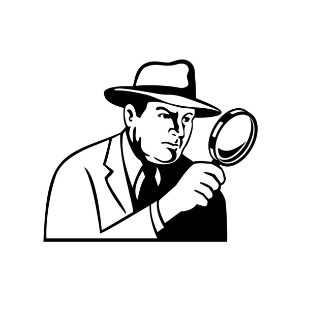 Schablonenabbildung eines Detektivs, Inspektors, Privatdetektivs oder Ermittlers, der durch ein Vergrößerungsglas schaut und einen Fedora-Hut von der Seite auf isoliertem Hintergrund im schwarz-weißen Retro-Stil trägt. - Vektor, Bild