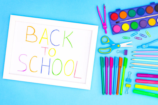Back to school stationery on blue theme  - Fotó, kép