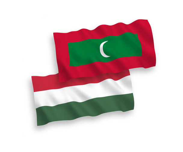 Bandiere nazionali in tessuto vettoriale delle Maldive e dell'Ungheria isolate su sfondo bianco. 1 a 2 proporzione. - Vettoriali, immagini