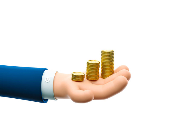 3d иллюстрация. Персонаж мультипликационного бизнесмена держит стопки монет. - Фото, изображение