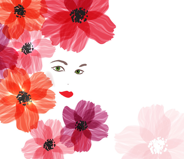 Pretty girls face with red flowers - Vector, Image