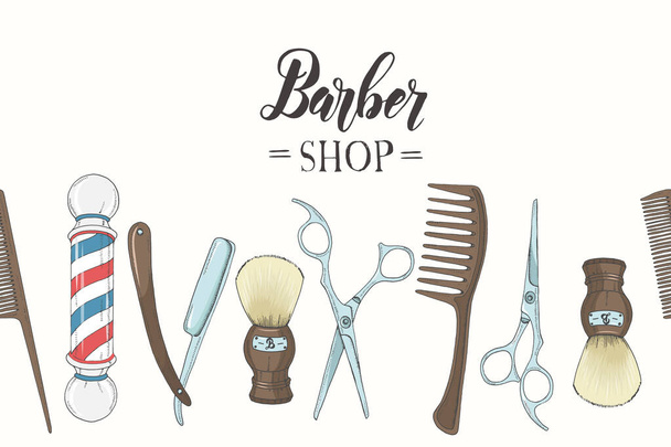 Vector Hand drawn Barber Shop seamless pattern with razor, scissors, shaving brush, comb, classic barber shop Pole. Sketch. Lettering. For wallpaper, web page background - Vector, Image
