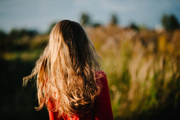 Portrait of a girl standing back in autumn in a red dress against the background of the field on the nature. upper half. Close up. view from the back. - Foto, afbeelding
