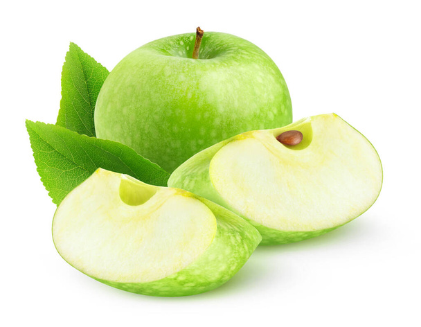 Ізольоване яблуко. Одне зелене яблуко і два клини ізольовані на білому тлі
 - Фото, зображення