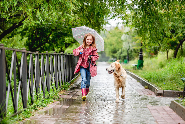 Little girl walking under rain with dog - Zdjęcie, obraz