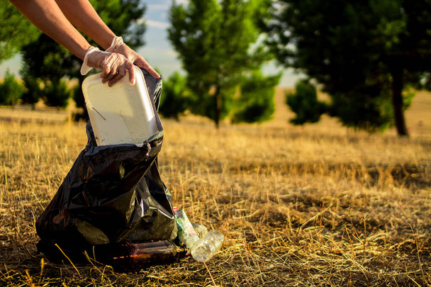 草原でプラスチックごみを集める白人女性の手のイメージ - 写真・画像